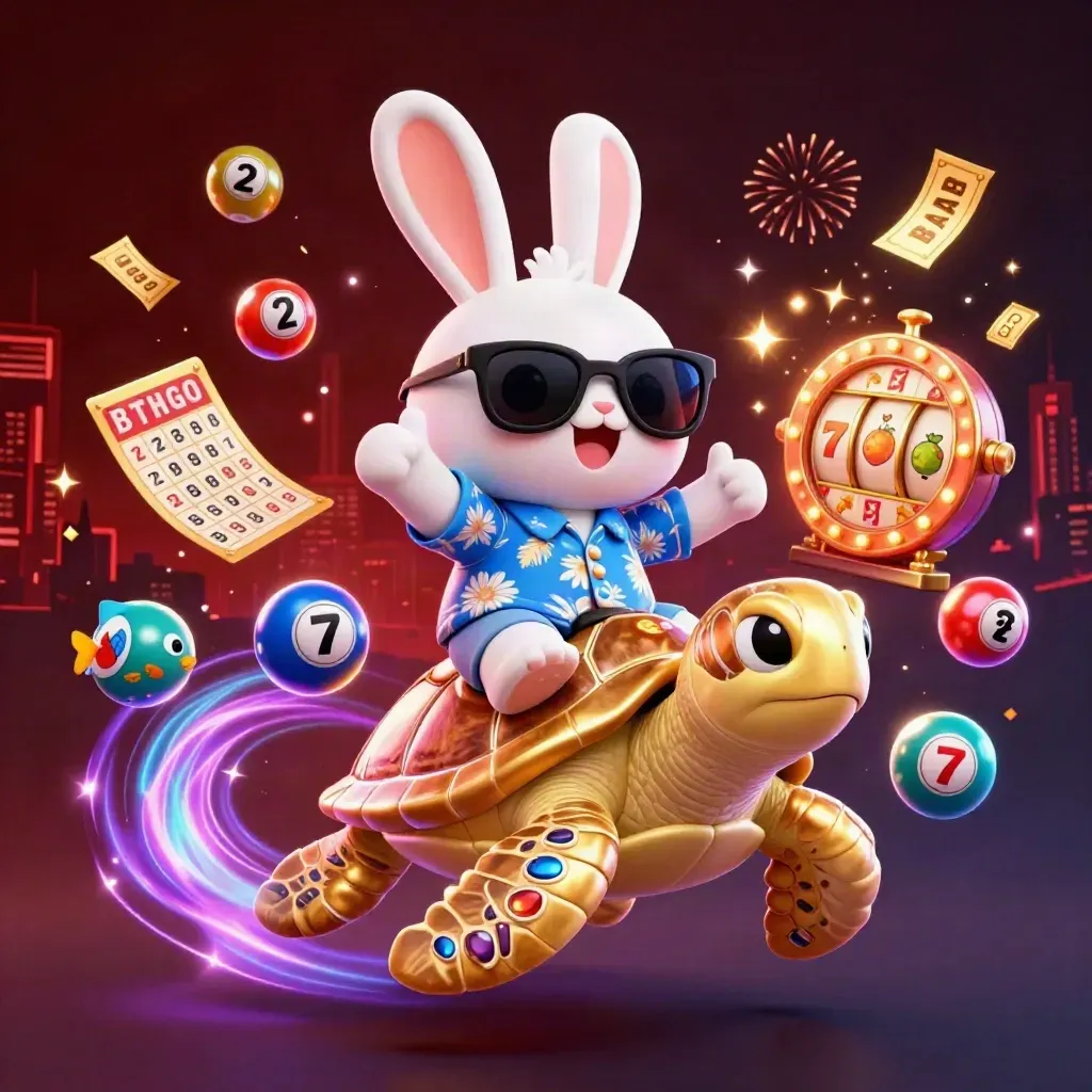 Lucky rabbit rides a golden turtle amid casino symbols, fireworks, and neon treasure.