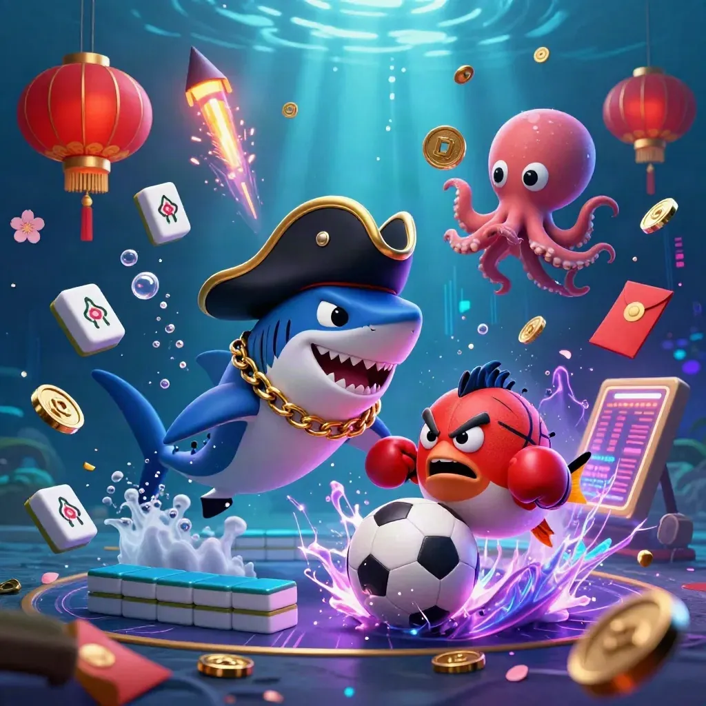 Pirate shark, pufferfish boxer, and baby octopus amid coins, lanterns, and glowing underwater energy.