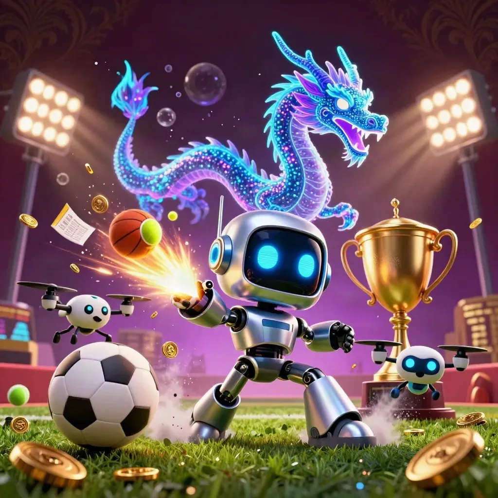 Chrome robot, holographic dragon and drone amid flying balls, gold coins and neon beams.