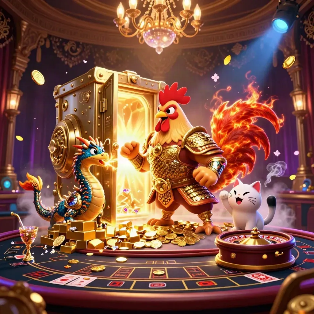 Rooster warrior, dragon hatchling, and fortune-cat in a glowing vault casino room.