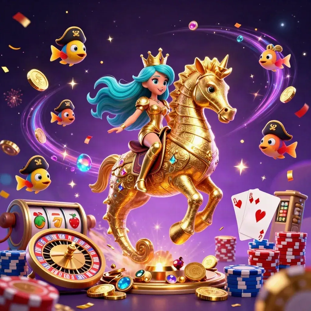 Mermaid princess on golden seahorse amid coins, gems, chips, cards, roulette, and pirate fish