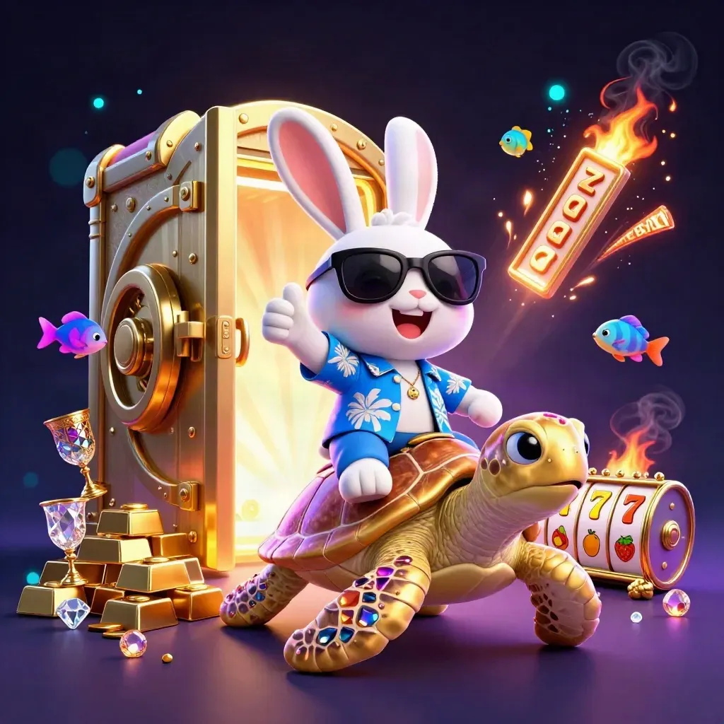 Lucky rabbit rides a golden sea turtle amid vault riches and slot symbols
